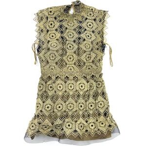Catherine‎ Deane Size US 10 Gold Lace Sleeveless Mock Neck Mini Dress Eyelet